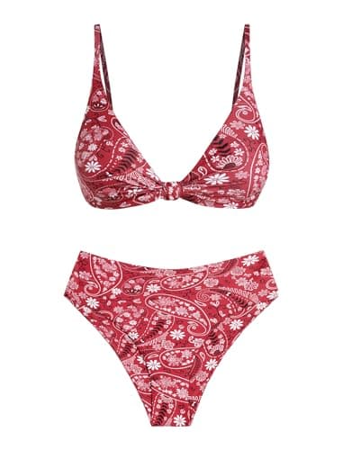 ZAFUL Red Floral Women Two Piece Swimsuit Knot Twist Bikini Set High Waisted Swimsuit Bathing Suit 2026 Teen Bikini Swim Suit XL - Image 1
