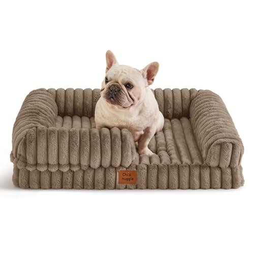 ChiXnuggle Orthopedic Dog Bed with Bolster Sides for Sleeping, Fluffy Plush Rectangular Dog Bed Medium Sized Dog, Luxury Striped Faux Fur Waterproof Dog Couch with Removable Washable Cover, Taupe