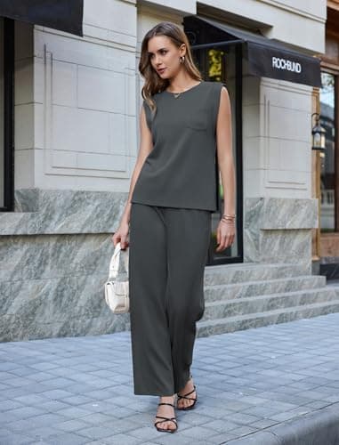 difficort Womens 2 Piece Outfits Round Neck Vest Sleeveless Tops Straight Leg Pants Matching Outfits,Dark Grey,Large - Thumbnail 4