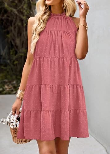 KIRUNDO Summer Sundresses for Women Spring Halter Flowy Babydoll Tiered Pleated Beach Wedding Guest Vacation Cruise Dress(Dot-Bean Paste Pink, X-Large) - Thumbnail 2