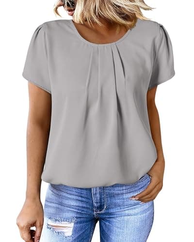 PRETTYGARDEN Women's Tops 2026 Casual Summer Round Neck Short Sleeve Basic Pleated Loose Fit Blouses Plain Tunic Shirts(Grey,Medium) - Thumbnail 2