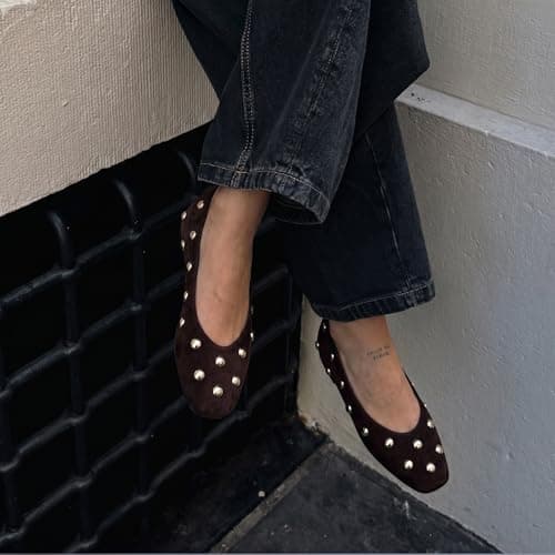 RBTHOLP Studded Flats for Women Suqare Toe Slip on Suede Ballet Flats Comfortable Walking Studs Ballet Shoes - Thumbnail 2
