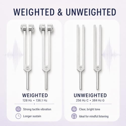 Tuning Forks for Healing Set – 128Hz 136.1Hz 256Hz 384Hz Weighted & Unweighted Sound Healing Tuning Forks for Chakra Balancing, Meditation, Yoga & Relaxation with Activator, Gem Feet & Storage Pouch - Thumbnail 2