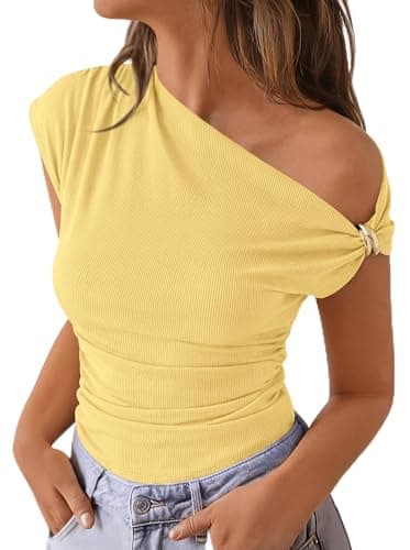 PRETTYGARDEN Womens Summer Off The Shoulder Crop Tops Ribbed Going Out Fitting T Shirts Trendy Spring Y2k Clothes 2026(Yellow,Medium) - Image 1