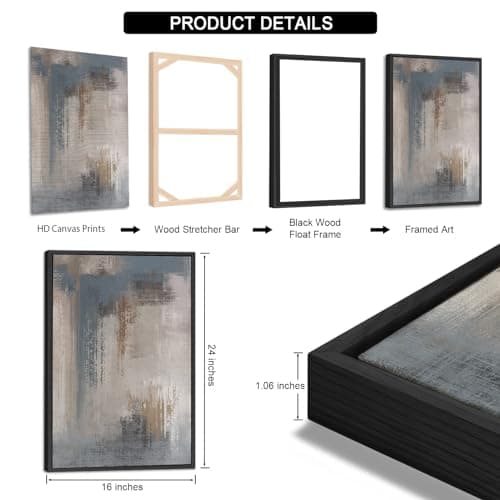 Large Framed Canvas Wall Art - Modern Grey Abstract Pictures for Living Room Aesthetic Rustic Wall Decor Black Float Framed Paintings Retro Prints for Bedroom Dinning Room 16" X 24" X 3 - Thumbnail 6