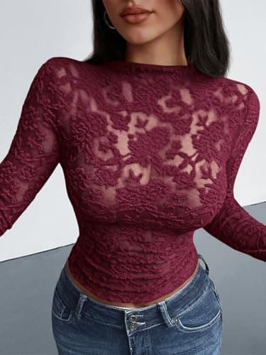 BTFBM Mesh Long Sleeve Tops for Women Lace Sexy Sheer Tight See Through Crew Neck Spring Fall 2026 Party Club Outfits(Burgundy, XX-Large) - Thumbnail 5
