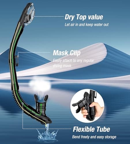 Aegend Dry Snorkel, Easy-Breath Free Diving Snorkel for Snorkeling Scuba Diving Freediving Swimming, with Top Dry Valve and Food-Grade Silicone Mouthpiece for Adult Youth, Black - Thumbnail 3