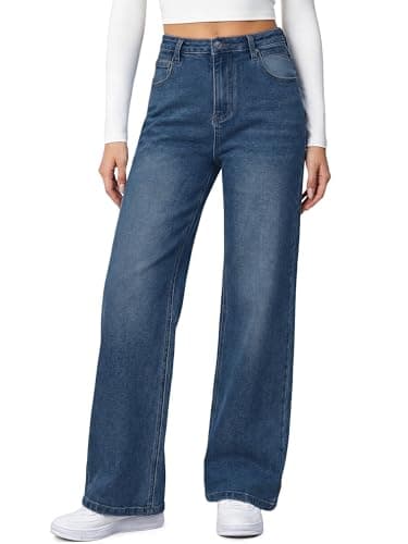 HDLTE Baggy Stretchy Jeans for Women High Waisted Trendy Wide Leg Jeans Boyfriend Denim Pants with Patch Pockets(Deep Wash,X-Large) - Image 1