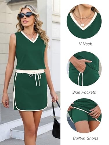 Casly Lamiit Womens 2 piece Summer Short Skirt Sets Sleeveless Skort Sets Outfits V Neck Short Sets Cotton Dark Green 2XL - Thumbnail 2