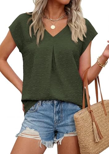 PRETTYGARDEN Women's Summer Blouses Casual Dressy Swiss Dot Cap Sleeve V Neck Tops 2026 Trendy Work Business Spring Shirts (Army Green,M) - Image 1