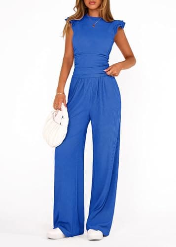 KIRUNDO Two Piece Sets For Women Dressy 2026 Summer Cap Sleeve Cute Tops Wide Leg Pants Spring Matching Set Vacation Outfits(Blue, X-Large) - Thumbnail 6