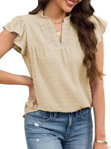 ECOWISH Womens Summer Tops Dressy Casual Ruffle V Neck Short Sleeve Blouses Swiss Dot Boho Flowy Shirts 2026 Beige Large - Image 1
