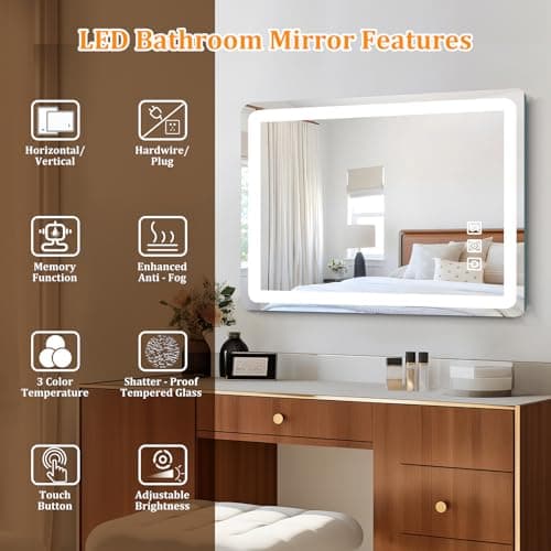 24"x32" LED Bathroom Mirror with Lights, Front and Backlit, Stepless Dimmable, Lighted Mirror for Bathroom Wall, 3 Colors Dimmable Vanity Mirror with Lights, Anti-Fog, Shatter-Proof Glass(Round) - Thumbnail 4