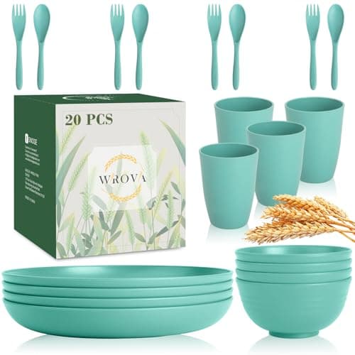 Wrova Wheat Straw Dinnerware Sets of 20,Dishwasher Safe Kitchen Plates and Bowls Sets,Camping Dishes Sets Contains Dinner Plates,Cereal Bowls,Drinking Cups and Flatware.(Green) - Image 1