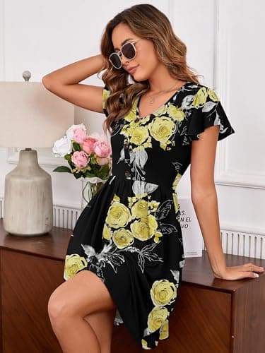 Heymoments Women Summer Dress Black Golden Floral Small Ruffle Sleeve V Neck Casual Cute Loose Sundress Comfy Swing Button Down Midi Work Flowy Tunic Ladies Beach Vacation Teacher Dresses - Thumbnail 2