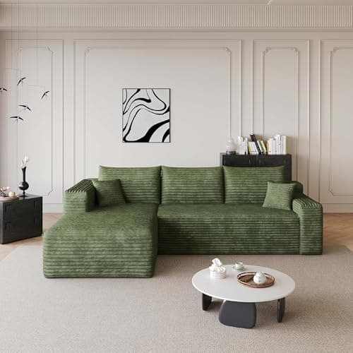 96" Cloud Small Sofa L-Shaped Modular Sectional with Chaise for Small Space, Green Corduroy Deep Seat Boneless Couch, No Assembly Required, Ideal for Apartment & Living Room (Left Facing Chaise) - Image 1