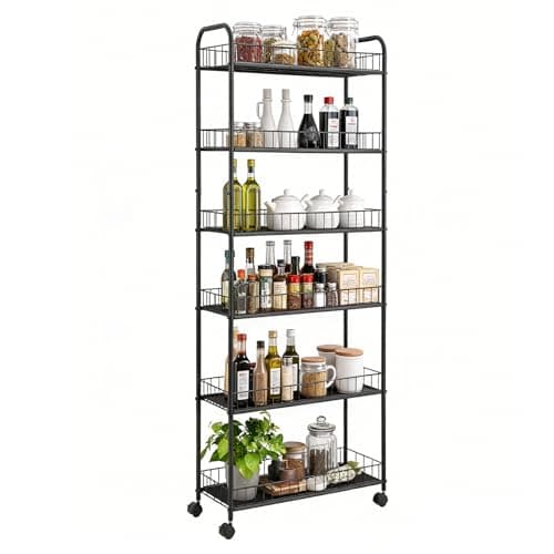Seadasyoon 10in 6 Tier Slim Storage Cart with Wheels, Narrow Space Rolling Shelving Unit, Metal Wire Mobile Organizer Rack for Kitchen Bathroom Office Laundry - Image 1
