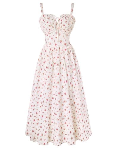 Summer Corset Dress for Women 2026 Floral Milkmaid Sundress Midi Tea Party Dress White Pink Floral L - Image 1