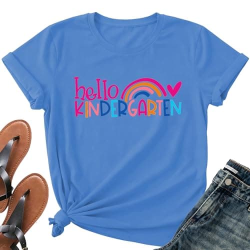 Teacher Shirts for Women-Hello Kindergarten Teacher Short Sleeves Teaching Life Shirt Rainbow Heart Tee Tops - Image 1