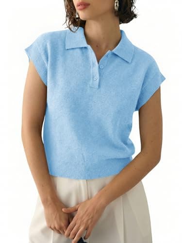 Saodimallsu Womens Cap Short Sleeve Sweater Top Summer Polo Shirts Button Collared Knit Business Casual Pullover Sweater Blue - Image 1