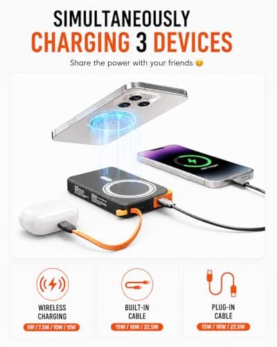 3-in-1 Magnetic Portable Charger with Stand, for Magsafe Power Bank Fast Charging, 10000mAh Wireless Battery Pack with Built in USB C Cable, Powerbank for iPhone17/16/15/14/13/12 Travel & Daily Use - Thumbnail 6