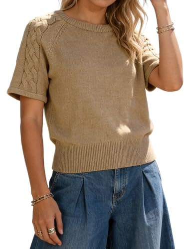 Yeokou Womens Short Sleeve Sweater Oversized Round Neck Cable Knit Pullover Spring Summer Casual Top Blouse(Khaki-S)