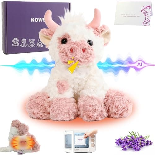 KOWSI® AI Interactive Talking Highland Cow Plush – 1.4LB Microwavable Heatable Stuffed Animal with Tourmaline Lavender Heat Pad - 10" Educational STEM Toy to Language Learning Practice