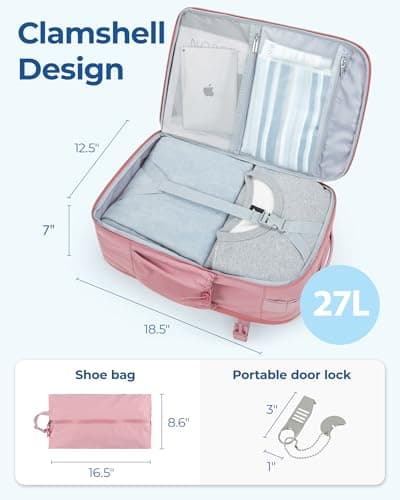 BAGSMART Carry On Backpack, 17.3 Inch Large Travel backpack Carry On Flight Approved, Personal Item Backpack Travel Bag With Shoe Bag, 27L Water Resistant Casual Daypack, Pink - Thumbnail 4
