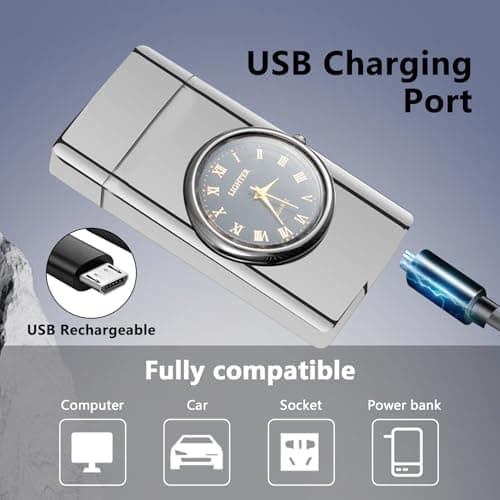 TIKIUKI Rechargeable Windproof Arc Lighter with Dual Flame, LED Light, Cool Dial Display, USB Charging – Perfect for Camping, Hiking, BBQ, and Everyday Use(Silvery) - Thumbnail 4