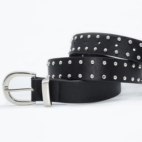 EONTISO Women Studded Leather Belt for Jeans, Punk Fashion Silver Rivets, Western Studded Black S - Thumbnail 4
