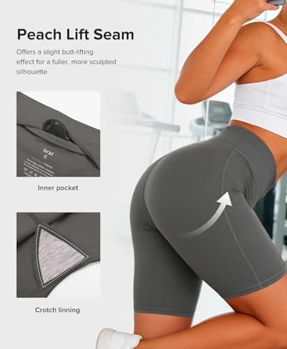 BRXL Biker Shorts for Women 8" No Front Seam High Waist Yoga Workout Gym Shorts Tummy Control with Inner Pocket Grey - Thumbnail 4