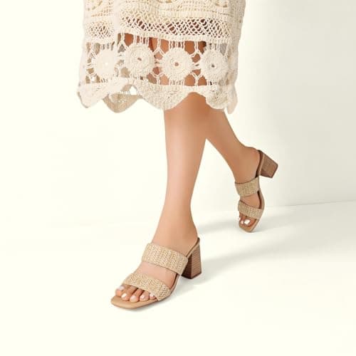 Ancomafio Women's Heeled Sandals Strappy Square Open Toe Heels Backless Mules Slip On Block Heels Summer Vacation Shoes Nude size 6 - Thumbnail 5