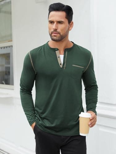 Hardaddy Men's Color Contrast Henley Shirt Long Sleeve Button T-Shirt Lightweight Henley Tshirt for Men Basic Pullover Shirt with Pocket Dark Green L - Thumbnail 3
