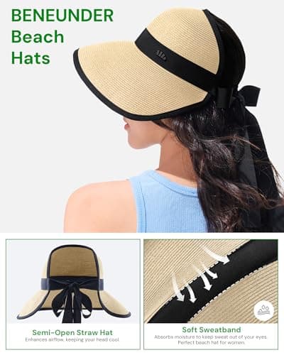 BENEUNDER Sun Visors for Women UPF50+ Foldable Wide Brim Straw Hats Packable Summer Ponytail Beach Hats for Travel - Thumbnail 4