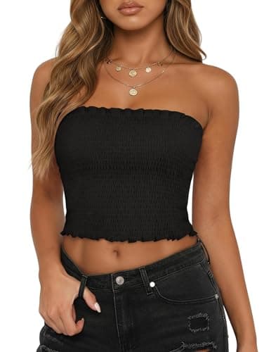 Aprolive Women Strapless Tube Top Sleeveless Tank Tops Solid Smocked Bandeau Top Y2K Backless Crop Tops for Summer Fashion Going Out Blouse(1-Black,X-Large) - Image 1