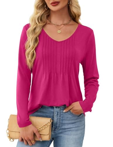 JUSTFASHIONNOW Shirts for Women Trendy Plus Size Long Sleeve Tops V Neck Dressy Blouses Pleated Maternity Shirt Tunics Early Fall Fashion Winter Clothes (Rose Red, XX-Large) - Thumbnail 5