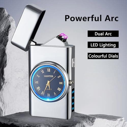 TIKIUKI Rechargeable Windproof Arc Lighter with Dual Flame, LED Light, Cool Dial Display, USB Charging – Perfect for Camping, Hiking, BBQ, and Everyday Use(Silvery) - Thumbnail 2
