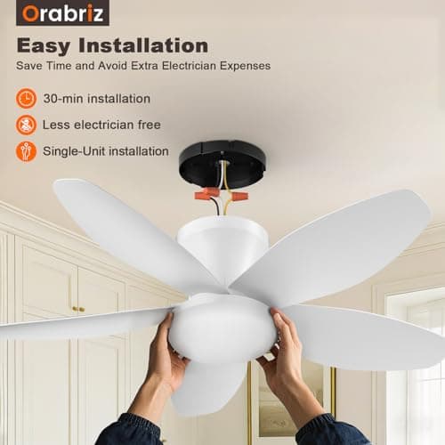 Orabriz 35 Inch Ceiling Fan with Lights and Remote Control,Quiet 6 Speeds Wind Modern Low Profile Fan Light with DC Reversible Motor, Dimmable Ceiling Fan for Bedroom Room Indoor/Outdoor Use, White - Thumbnail 2