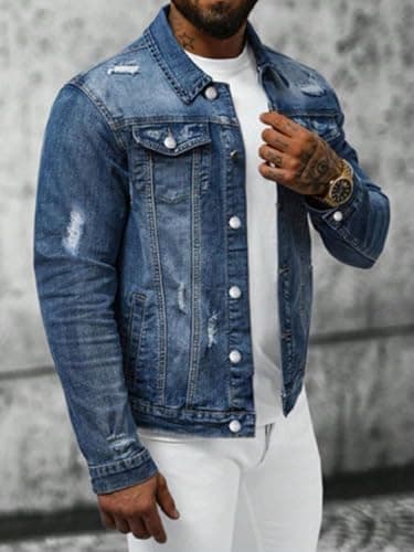 Huang's Men's Denim Jacket with Distressed Ripped Details Classic Fit Non - Stretch Fabric Cool Stylish Caual Coat (US, Alpha, 3X-Large, Regular, Regular, Y039) - Thumbnail 2