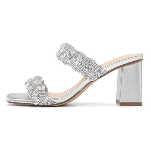 Athlefit Women's Braided Heels Square Toe Strappy Braided Sandals Slides Slip On Woven Block Silver Heels Size 6.5 - Thumbnail 6