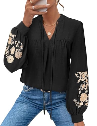 LOOKBOHO Women's Floral Embroidered V-Neck Puff Long Sleeve Casual Tops Fashion Boho Mexican Shirts Fall Blouses 2025 L - Image 1