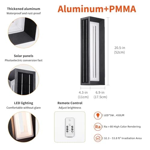 VZVI Solar Wall Lights Outdoor Waterproof, 20.5" 1 Pack Solar Wall Sconce Outdoor, 3000K Sconce Lights Modern Large Front Porch Light Fixture, Exterior Entrance Sconces Lighting for House Garage Patio - Thumbnail 2