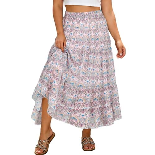 Charming Ashley Plus Size Womens Chiffon Floral Skirts Elastic High-Waisted A-Line Skirt 2026 Summer Bohemian Maxi Skirts Perfect for Beach Vacations Pink - Image 1