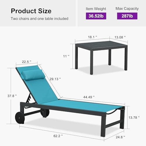 PURPLE LEAF Patio Lounge Chair Set of 3 Outdoor Chaise Lounger Aluminum Frame with Side Table and Wheels for Pool Outside Sunbathing Tanning Recliner Including Pillows Turquoise Blue - Thumbnail 2