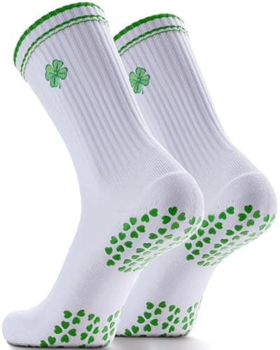 NSRRUN TURTLE Non-Slip Pilates Grip Socks for Women - Embroidery Crew Sock with Sticky Sole, Ideal for Yoga, Workout, & Barre, X-Large, 2 Pairs -Green Lucky Leaf