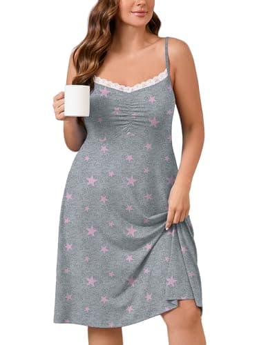 AusLook Plus Size Women's Nightgown Pink Stars 1X Spaghetti Strap Sleepwear Soft Sleeveless Lace V Neck Cami Sleep Dress - Image 1
