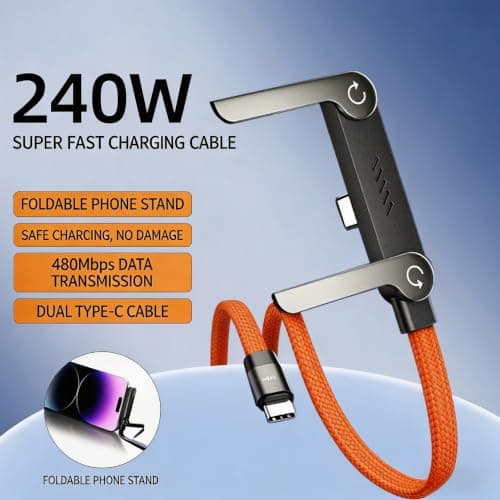 240w USB C to USB C Fast Charging Cable 5ft with Foldable Phone Stand, 90° Elbow Braided Type-C Cable, 2-in-1 Charger Cord for Gaming/Video Streaming, Compatible with iPhone 15/16/17, Samsung, Laptops - Thumbnail 6