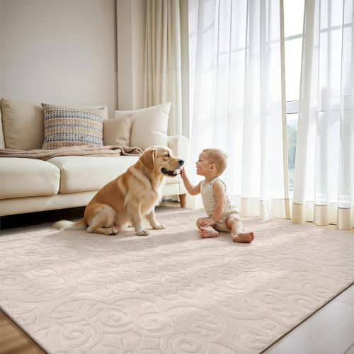 U'Artlines 8x10ft Washable Area Rug for Living Room, Neutral Beige Modern High-Low Pile Rug for Bedroom, Non Slip Soft Cozy Fluffy Large Floor Carpet for Dining Area, Kids Nursery Room - Thumbnail 5