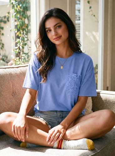 Dokotoo Womens Summer Tops Oversized Lace Cute Lace Short Sleeves Casual T-Shirts 2026 Tops Loose Fit Solid Color Plus Size Blouses Basic Tee Tops Beach Vacation Outfits,Sky Blue Medium - Thumbnail 4
