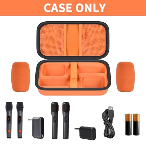 Wireless Microphone Case for JBL PartyBox & Two Mic System, Shockproof Karaoke Microphones Travel Storage Box with Mic Foam Cover, Holds 2 Mics, Receivers, Adapters, AA Batteries - Orange+Black Zipper - Thumbnail 2